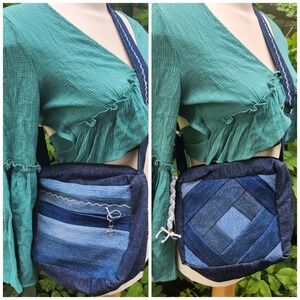 Denim y2k inspired Patchwork Crossbody Bag Upcycled Blue Jean Purse Handmade‎